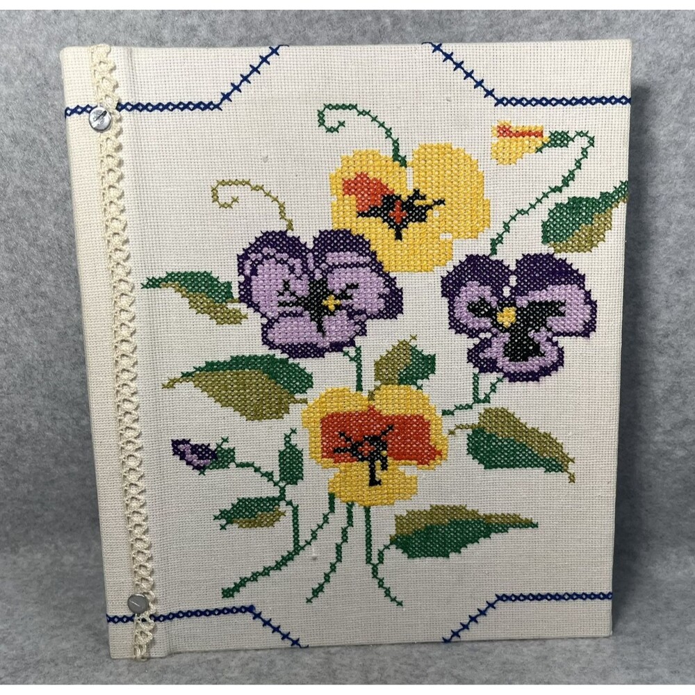 Handcrafted‎ Greeting Card Keeper Binder Fabric Cross Stitch Pansies Organizer